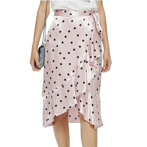 TopShop pink navy polka dot wrap ruffle skirt 6 - Picture 1 of 8